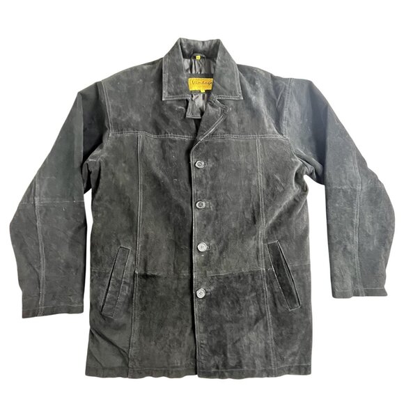 Vintage Leather Jacket Mens XL Black Genuine Suede Button Up Coat Quilted Lined - Picture 1 of 14